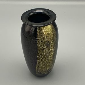 Robert Eickholt Vase Handblown Black with Gold Foil Design Iridescent Accents